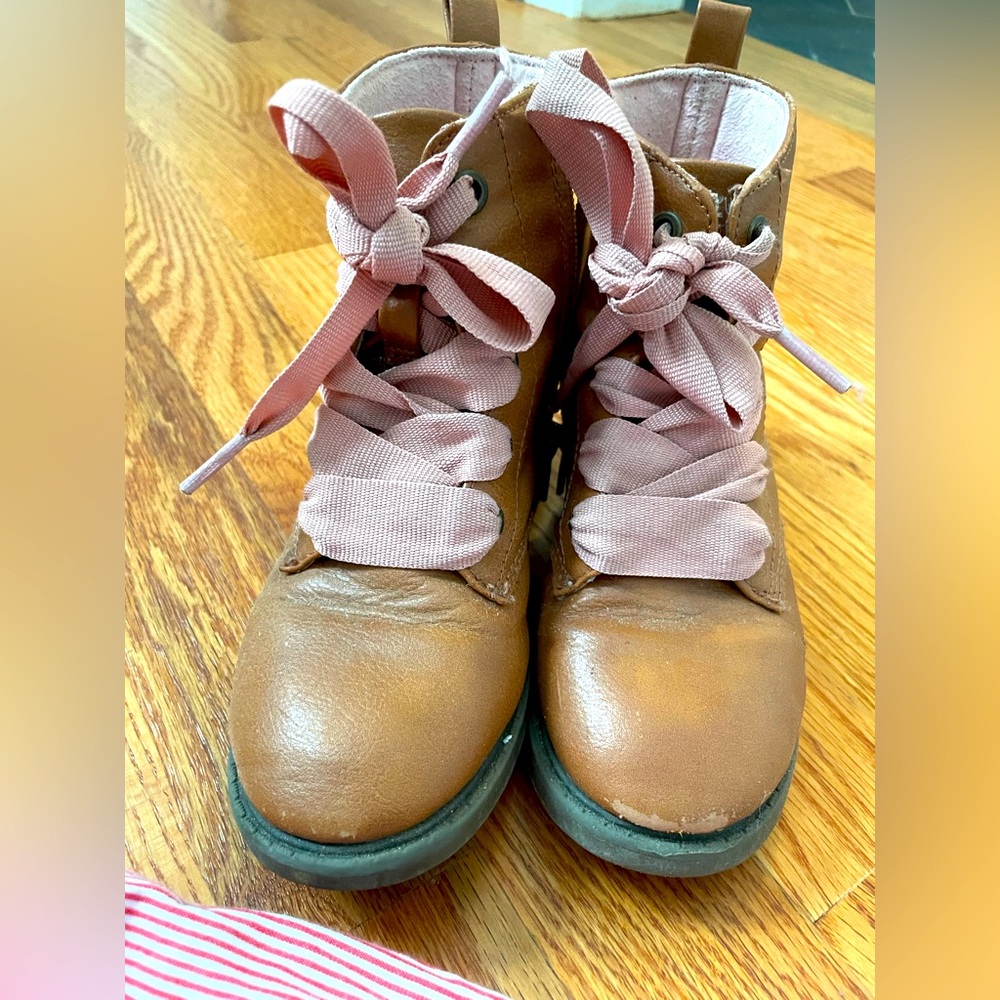 Cat and Jack Pink Ribbon Lace Up Boots Sz 10